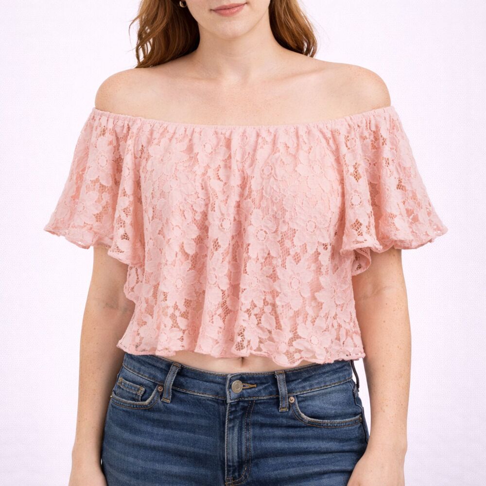 Mine Crop Lace Off Shoulder Top Pink S